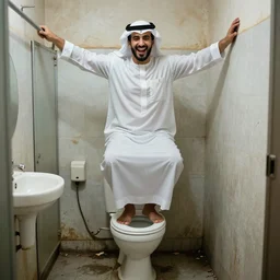 osama bin Laden standing on a toilet in a rotting gas station bathroom, award winning photo, trending, hyperrealistic, 8k. Osama is on top of the toilet, extremely happy at what he’s done, ultra high definition real osama on toilet