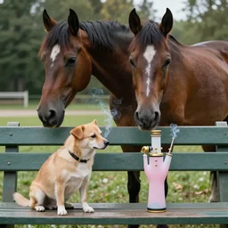 dog and horse smoking bong together on bench