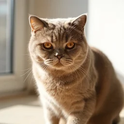 sunlight playing on the fur of a brown british shorthair cat, cinestill colour, anamorphic