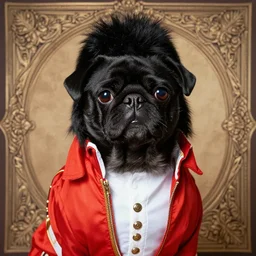 portrait of black pugalier dog wearing an elvis costume, by caravaggio, immense detail, intricate background