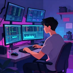 a young man sitting on his computer in his messy bedroom staring at several computer monitors showing crypto trades, illustration, colourful, chill, anime asthetic, neon glow, gamer,