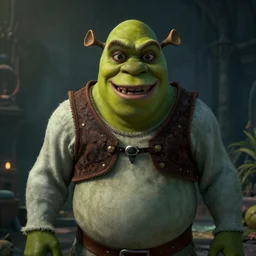 shrek as joker, cinematic chiaroscuro, photorealistic, unreal engine, artwork by Ross Tran