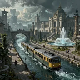 An urban train rides inside of a waterway on a fantasy city, next to a fountain and a mystical palace. By Konstantin Razumov, horror scene, highly detailded