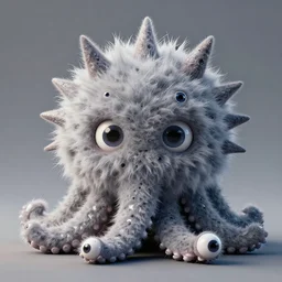 photo of cute plush fluffy chibi monster with spikes, tentacles and many eyes. jpeg compression artifacts, strong compression artifacts. made by giger, wayne barlowe, dariusz zawadzki, zdzislaw beksinski
