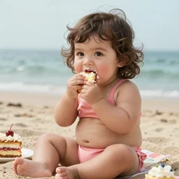 portrait of cute 2 0 years old plump miley cyrus in swimsuit sitting on a beach, eating cake, intricate, hyperdetailed, photorealistic, diffuse lighting, hdrp, artstation, unreal 5, smooth, textless, sharp focus, art by john collier, albert aublet, krenz cushart, artem demura, alphonse mucha