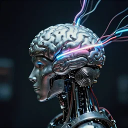 2 8 mm macro photo of a metallic silver brain with neon tubes with electric wires as seen from a distance, by greg rutkowski, canon 5 0 mm, film, photography, cyberpunk, esuthio, craig mullins, 1 / 4 headshot, cinematic lighting, dystopian scifi gear, gloomy, profile picture, mechanical, half robot, implants, solarpunk