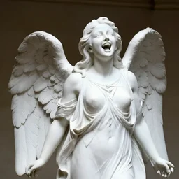 white statue of an angel that has long neck and laughing horribly