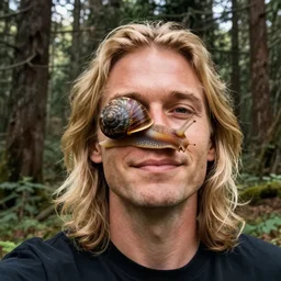 snail on a face. a blond middle long hair man taking a selfie in the forrest