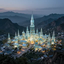 a small town completely made out of glass, surrounded by a surreal mountain landscape, shining faintly in the dim light of dusk, detailed illustration
