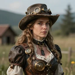 a beautiful steampunk woman, long hair, aged 2 5, slovenian, wearing a travel hat, photo realistic, real life, octane render, trending on artstation