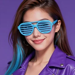 closeup painting of a very beautiful young mexican cyberpunk woman with a smirk, wearing light blue shutter shades and a purple coloured leather jacket, one side haircut, long brown hair with light blue ends, portrait, hyperdetailed, artstation, cgsociety, 8 k, synthwave by tangerine dream