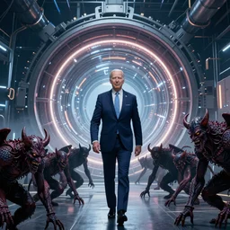 Joe Biden and a group of demons crawling out of The Large Hadron Collider at cern 4k ultra high quality