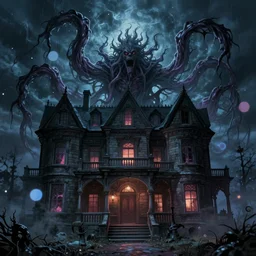 old mansion as evil creature at stormy night, made in 1 8 century, arkham horror, tentacles, evil fluid, dramatic, heroic, fear, insane, terrific, insane, lovecraft illustration, particles, by asher brown durand, by yoshitaka amano, fantasy digital art, colorfull, bokeh effect