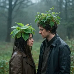 a couple with plants growing out of their heads, growth of a couple, rainy day, atmospheric by aleksi briclot