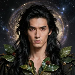 studio portrait, a man king hair black, symetric, organic, flower, leaf, cosmic, futuristic, global illumination, radiant light, stellar background, portrait, highly detailed, deep focus, elegant, digital painting, smooth, sharp focus, illustration, ultra realistic, 8 k, by peter mohrbacher