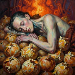 cyborg sleeps in a pile of piones, blurred, grotesque, doomed, acrylic paint, high resolution, gouache on canvas, ultra detailed, vibrant colors, grotesque, wrapped thermal background, art by francis bacon, beksinski painting