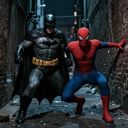 A combination of Batman and Spider-Man lurking in a dark alley at night, full figure shown, menacing and sinister pose, gothic city that appears gritty and grungy, photorealistic, extremely detailed, hyper-realistic, high resolution