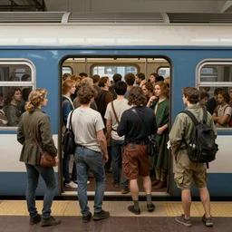 an enormous crowd of people leaving the subway train, renaissance painting