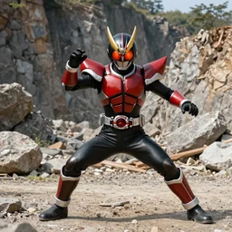 High Fantasy Kamen Rider, 4k, vibrant colors, rock quarry location, glowing eyes, fantasy inspired dragon armor, action scene, daytime