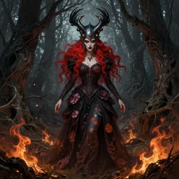 full body shot, malevolent witch with 4 eyes facing front, red hair, crow helmet, floral dress, dead forest, fantasy, intricate, photorealistic, elegant, stylish, highly detailed, digital painting, artstation, concept art, smooth, sharp focus, illustration, art by artgerm and greg rutkowski and terese nielsen, fire scheme