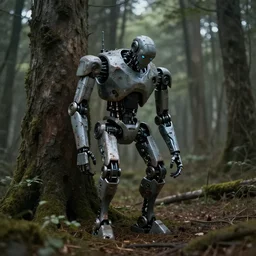 depressed weaponized robot, forest, alone, gritty, artstation, ww 3