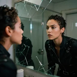 cinestill 5 0 d candid photographic portrait by steven spielberg of a beautiful mixed feminine man wearing black techwear and light makeup looking in a broken bathroom mirror, rundown new york apartment, medium closeup, retrofuturism grunge cyberpunk lights shadows refraction, 3 5 mm, f / 3 2, 4 k, 8 k, hd, high resolution, ultra realistic faces, intricate detail