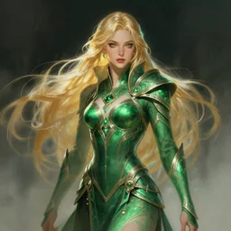 A blonde emerald warrior, beautiful and realistic face, sexy gaze, fantasy illustration, full body, in the style of Tony Sart, epic, fantasy, intricate, elegant, amazing detail, digital painting, artstation, concept art, smooth, sharp focus, illustration