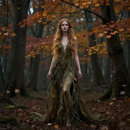 portrait of a dryad in a forest of autumn maples by brian froud and jessica rossier dark mysterious, filtered evening light