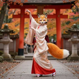 full - color photo of a beautiful japanese kitsune goddess doing a ritual dance in a windy inari shinto shrine in kyoto full of autumn leaves. she is a human woman with fox - ears, a fox - tail, hands that are fox - paws, sharp fox - teeth, and a fox - nose. highly - detailed ; professional portrait photography.