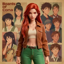 portrait of an attractive tomboy woman with long crimson red hair and red eyes wearing a brown open jacket and green jeans with a stern look, album art, boards of canada, retro, by ross draws, by tomine, by satoshi kon, by rolf armstrong, by peter andrew jones, beksinski, 3 d model