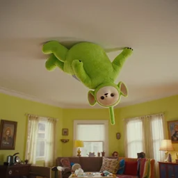 a strange creature that looks like a monstrous teletubby crawls on the living room ceiling, film still from the movie directed by Wes Anderson with art direction by Zdzisław Beksiński, wide lens