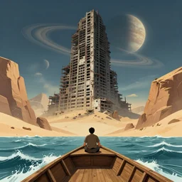 a beautiful illustration of a man in a wooden boat traveling a stormy sea towards a massive brutalist abandoned skyscraper half-buried in a desert wasteland of cliffs and sand with a ringed planet on the horizon in the style of Rob Lefield and Ralph McQuarrie, Daniel Merriam :.1, trending on artstation, digital art, third person perspective, viewed from below, looking up, wide angle, establishing shot