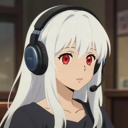 high quality portrait of a cute girl with red eye!!! and long white hair!!! wearing a headset in her room interior, anime art poster style, finely detailed, headshot, ambient lighting, cinematic still, studio ghibli, bokeh