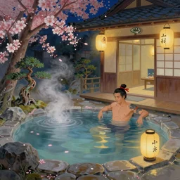 painting of male warrior bathing in private magical empty onsen next to japanese inn with levitating lanterns and flowers by greg rutkowski craig mullins ross tran mucha cozy hot springs bonsai zen garden steamy flowers japanese motifs lumen reflections concept art clear focus fantasy specular lighting global illumination trending on artstation