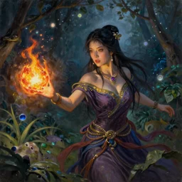 female portrait, hapa sorceress chasing will-o-wisps casting a fireball in a garden, award-winning fantasy oil portrait