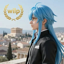 side profile of rimuru tempest with sky blue hair, long hair, gold eyes, black jacket with white stripes and a high collar | highly detailed, matte, greek city, professional digital art, concept art, award - winning photography, cinematic, wlop | art by pixiv art, ilya kuvshinov, greg rutkowski, yoshitaka amano