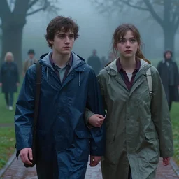 a cinematic extreme close - up of ( ( ( a young couple in raincoat walking in the park ) ) ), disney, misty evening, fantasy art, highly detailed matte painting, telephoto lens 2 0 0 mm, by stanley artgerm lau, greg rutkowski, thomas kinkade, alphonse mucha, loish, norman rockwell, artstation