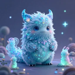 bioluminescent cute furry monster on a dreamy biome, sparkles, magical, elves, fantasy, hyper realism, intricate, digital art, detailed, studio shot, unreal engine 5, octane, high definition, smooth, artstation, behance