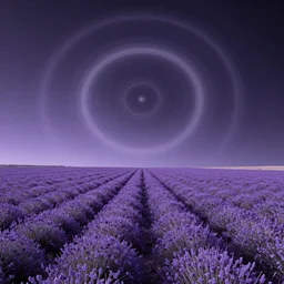 the purple fields of Yavin 5 our alien exodus, planetary rings stretch across the sky fading away at the horizon, landscape photography 4k