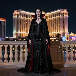 realistic matte painting, full length portrait, the duchess of blood owns the las vegas strip, vampire, night, fangs, highly detailed, CGsociety, concept art, HDR, hyper realistic, volumetric lighting, subsurface scattering, unreal
