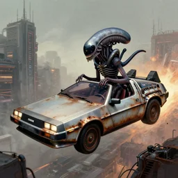a xenomorph in a rusty corroded futuristic dieselpunk delorean flying through a dieselpunk city, 4 k, concept art, wadim kashin, john berkey
