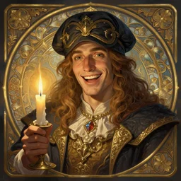 a mind - blowing portrait of a fortune seeker male, holding a candle, wearing a classic sleeping cap, joyful, d & d, fantasy, intricate, elegant, highly detailed, digital painting, artstation, concept art, matte, sharp, illustration, hearthstone, art by artgerm and greg rutkowski and alphonse mucha