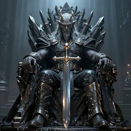 gollum in style of lich king, sitting on the throne with thunder sword