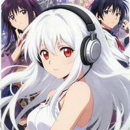anime film still portrait of a japanese young woman, large, red eyes, white hair!!!!!, long, wearing wireless headphones, dynamic pose, cute face, poster by ilya kuvshinov, bakemonogatari, masakazu katsura, rimlight, realistic shading, fine details, realistic shaded perfect face fine - face, 4 k, long white hair