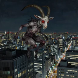 creepy satanic goat humanoid creature jumping from skyscraper to skyscraper, creepy painting, night time, red eyes, beautiful, amazing, Tokyo, trending on artstation,”