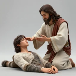 hyper realistic unreal engine 4 render of a half - cat half - human asian jesus performing a miracle on a blind human