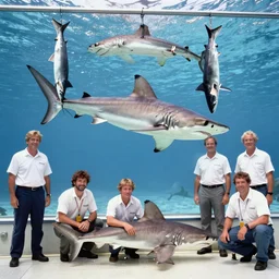 marine biologists pose next to megladon shark, caught giant shark, scientists posing, they keep some distance, hanging shark, national geographic photo 1 9 7 0 s, fugifilm