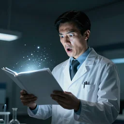 scientist is holding a folder of documents, he is in shock, the folder glows and lights up his face, professional lighting, movie scene, concept art, detailed art,, dark building