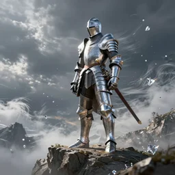 fantasy knight in polished shiny armor staying on the cliff, strong wind, diamond dust, cinematic, wide shot, dramatic light, artstation, unreal engine 5, volumetric light, sharp focus, digital art