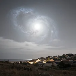 a beautiful double exposure of the astronomy picture of the day, nebula, with a rural seaside village landscape at night, soft white light, muted, neutral light, light blue tones, long exposure clouds, unreal engine